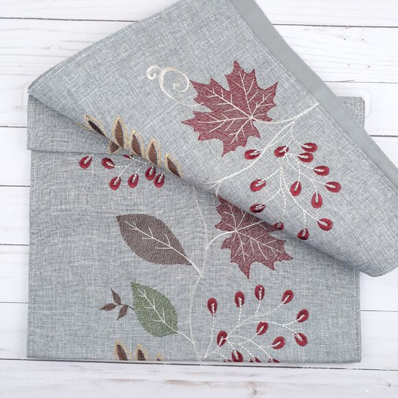 Fall Embroidered Table Runner 14x72 Marvelous Leaves Gray - Picture 2 of 4